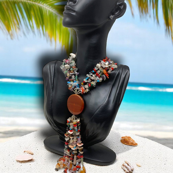 Vintage 1980's Natural Stone Chip Multistrand Beaded Statement Necklace Tropical - Picture 1 of 6